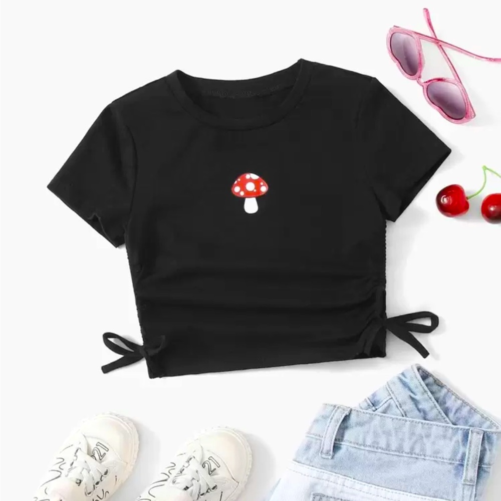 Chic Black Crop Top with Mushroom Design